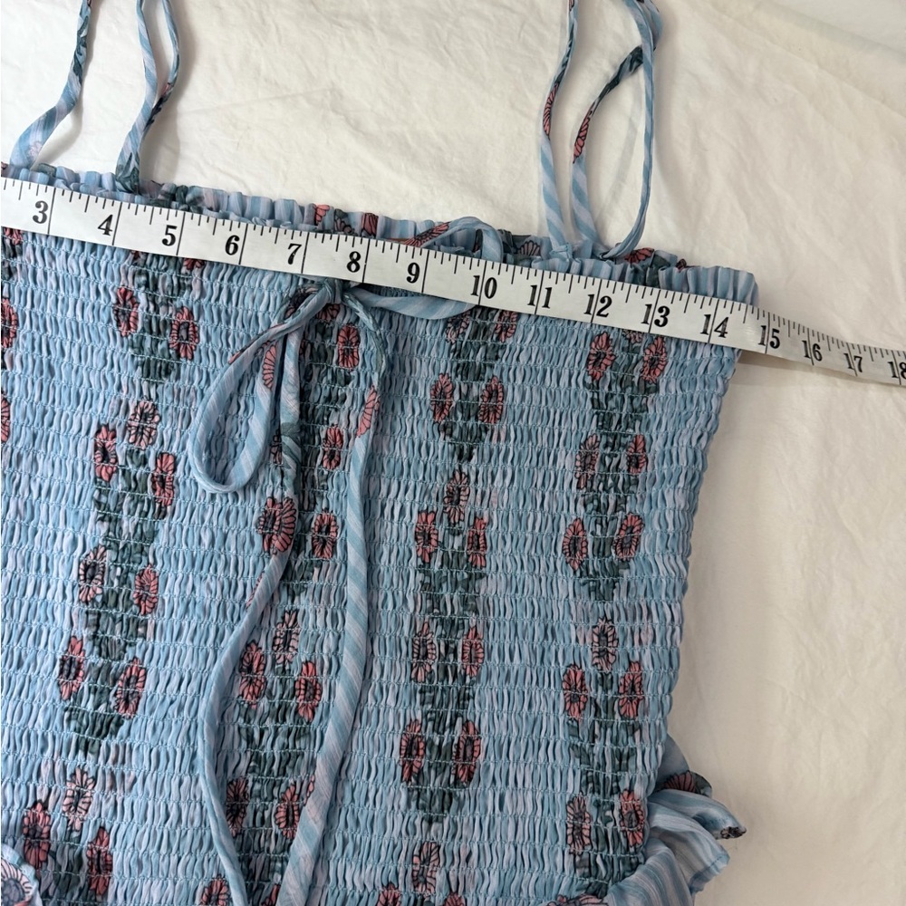 FREE PEOPLE Alejandra Midi Dress Soft Blue Combo Floral Drop waist tiered M - Picture 11 of 16
